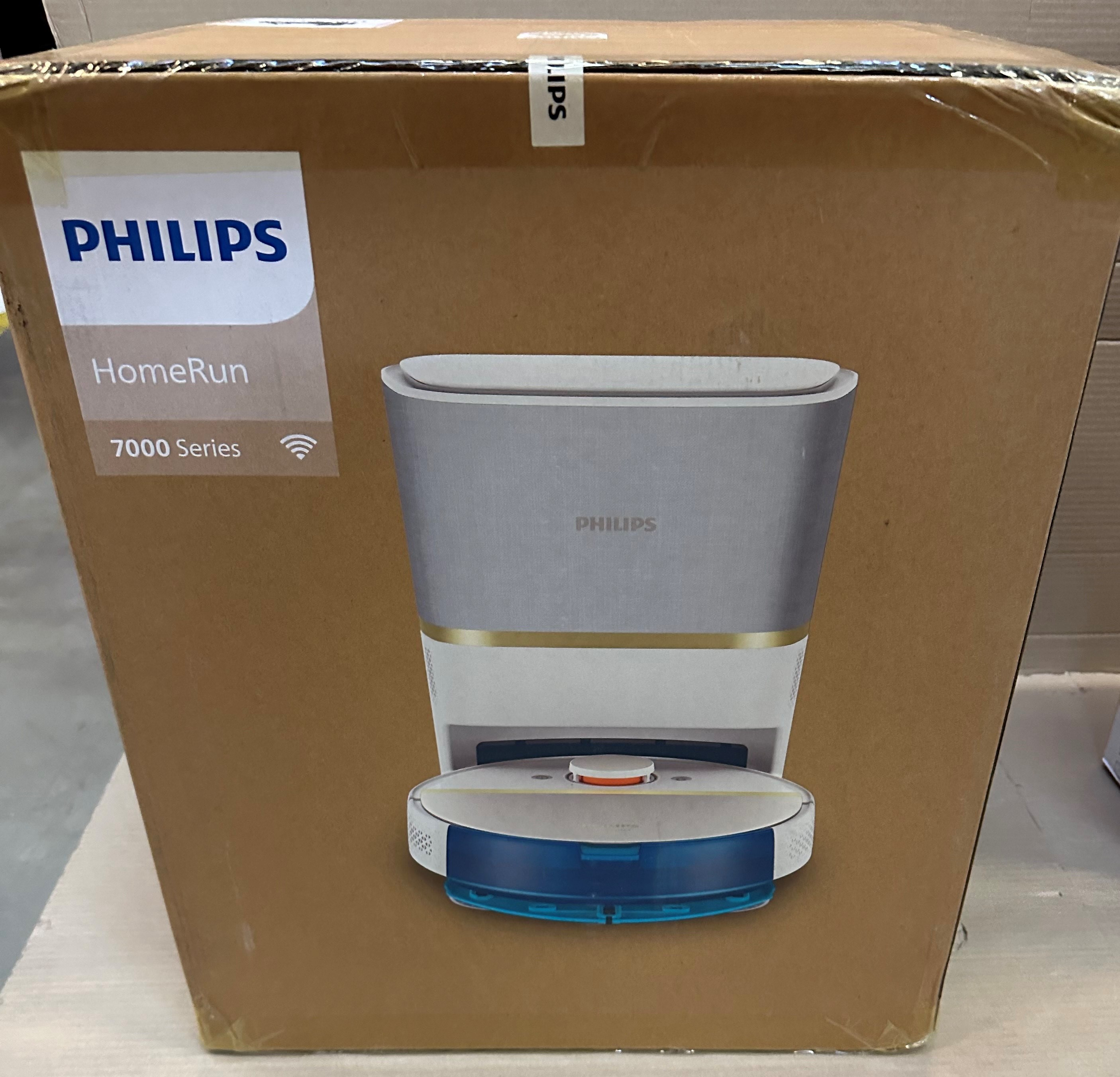 Kartonowe pudełko z odkurzaczem robotem Philips HomeRun 7000 Series.