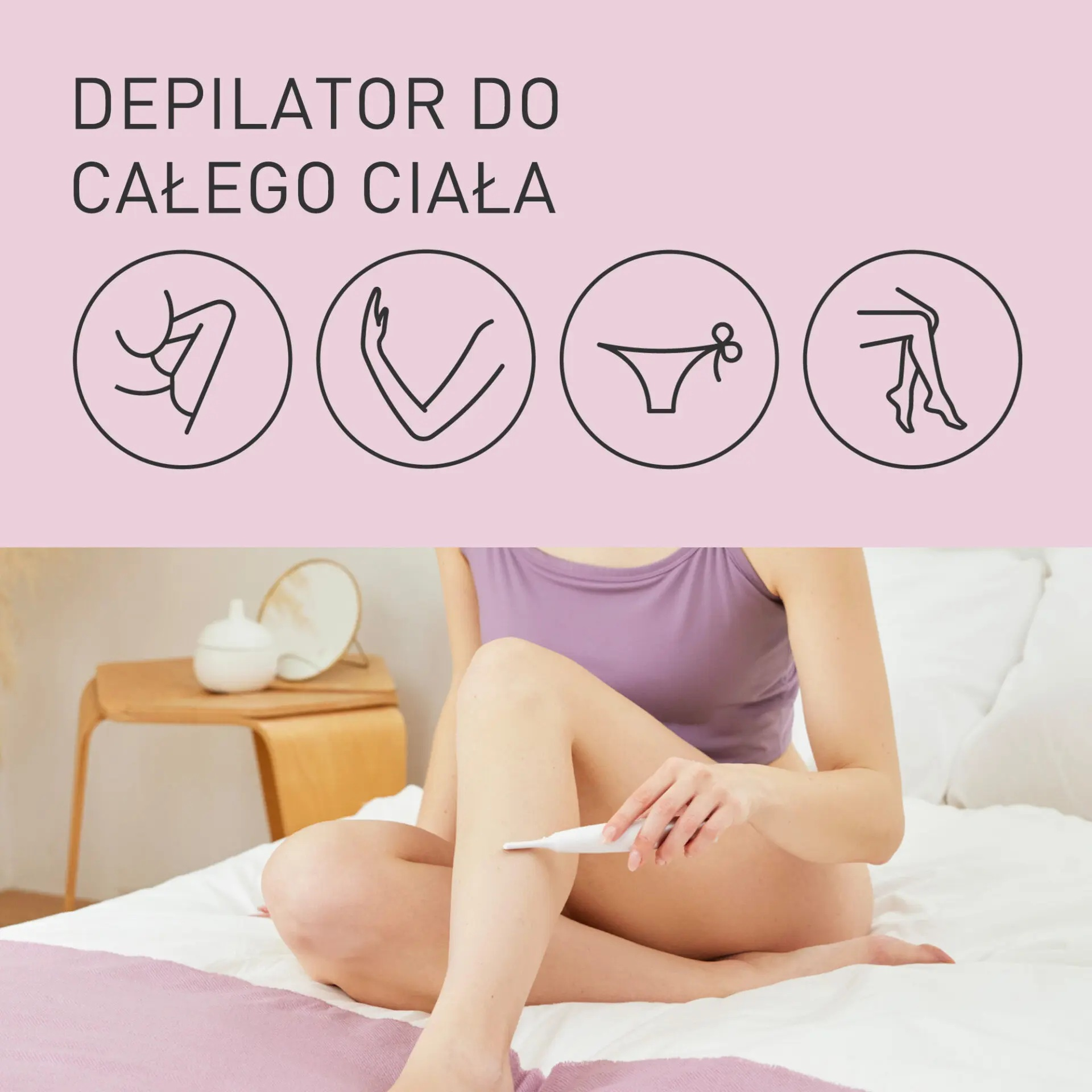 Kobieta używa depilatora na nodze. Różowe tło z ikonami obszarów do depilacji.