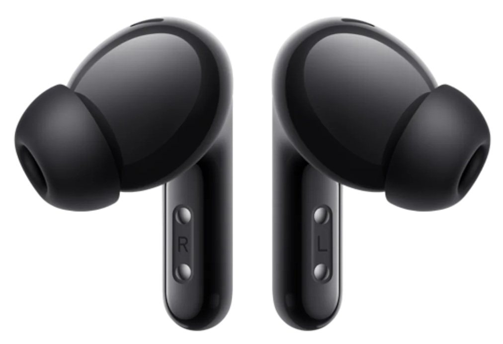 Czarne bezprzewodowe słuchawki douszne, zbliżenie. Każda słuchawka ma czarną gumową końcówkę.