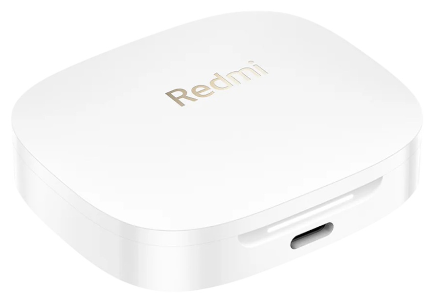 Białe etui na słuchawki Redmi, zamknięte, z portem do ładowania.