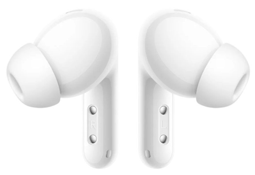 Dwa białe bezprzewodowe słuchawki. Każda ma zaokrągloną głowę i trzpień.