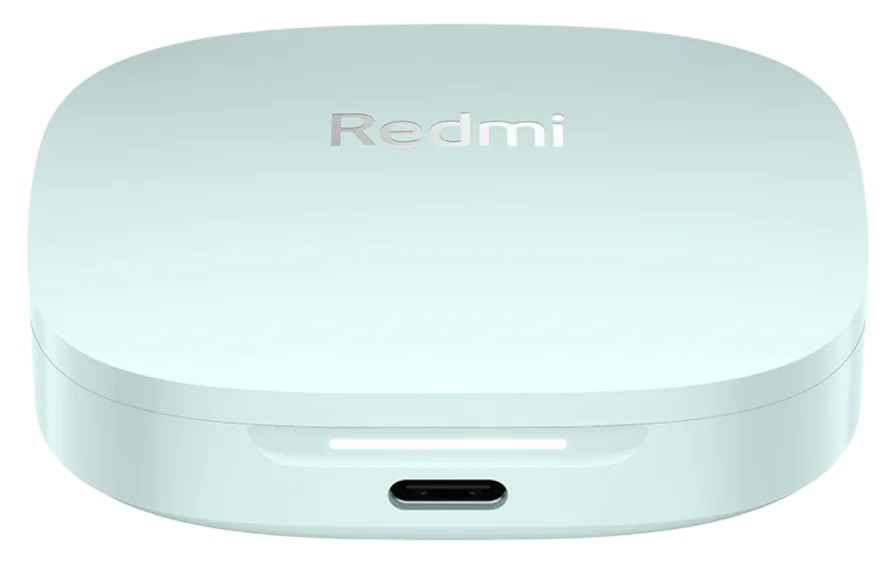 Jasnozielone etui na słuchawki Redmi z nazwą marki u góry i portem ładowania.