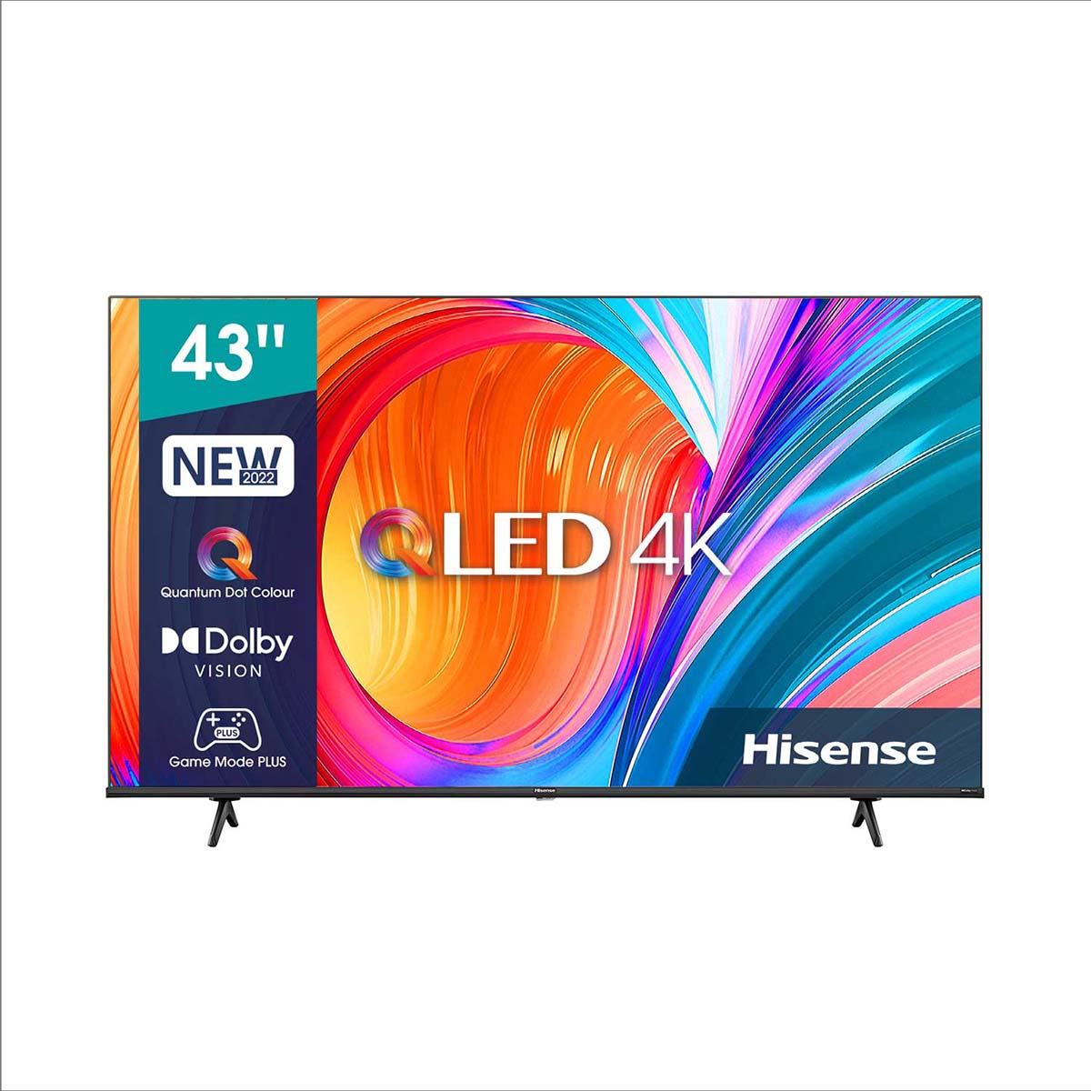 43-calowy telewizor Hisense wyświetlający kolorowy abstrakcyjny obraz z tekstem i logo.