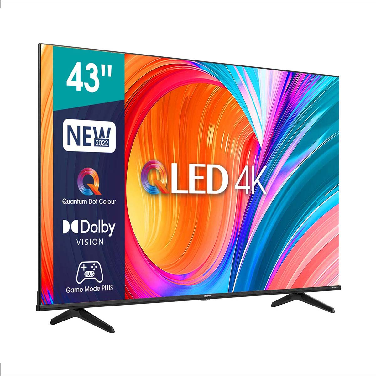 Telewizor 43-calowy z ekranem wyświetlającym kolorowe abstrakcyjne kształty, pokazujący szczegóły produktu.