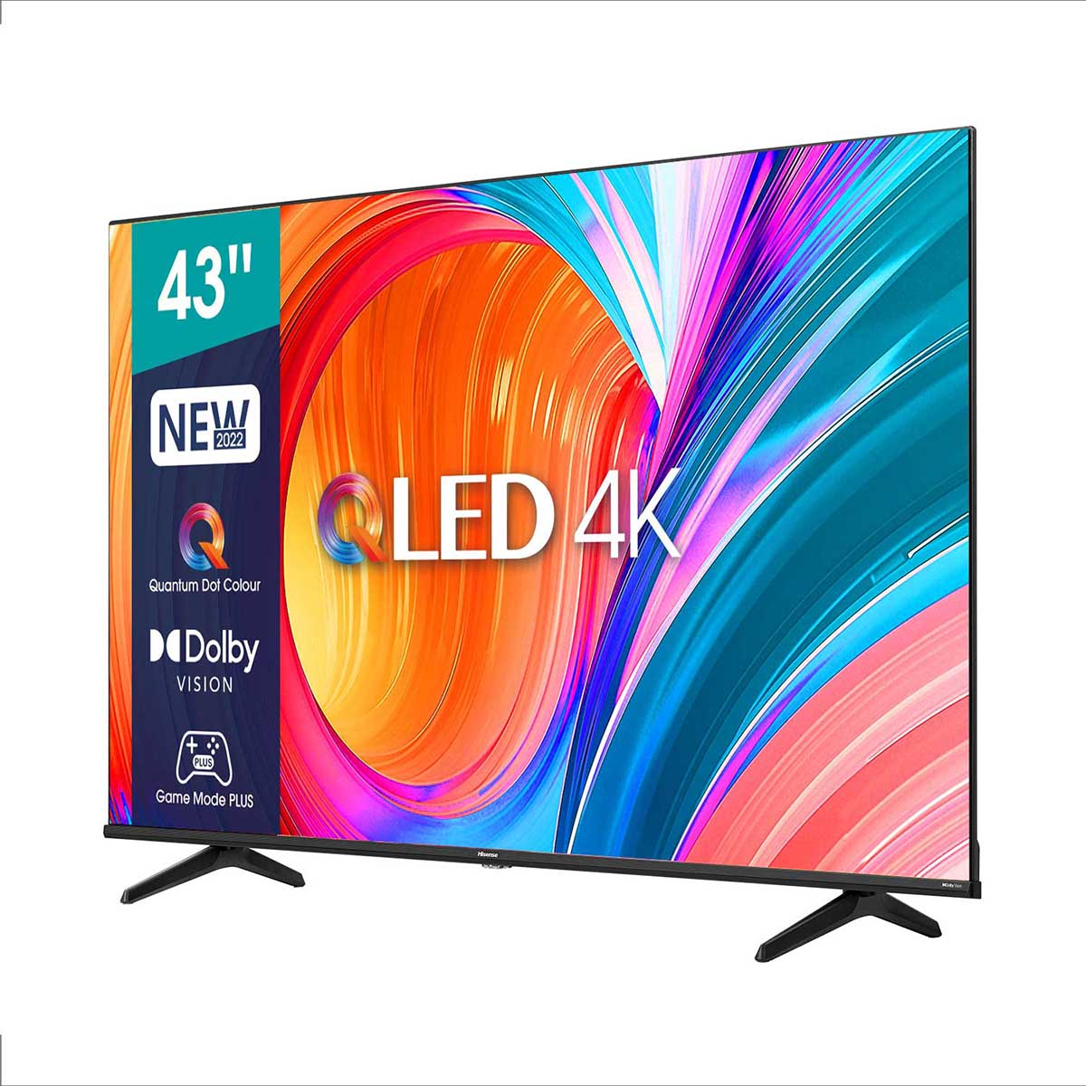 43-calowy telewizor Hisense QLED 4K z kolorowym wyświetlaczem. Ma nowy design z 2022 roku.