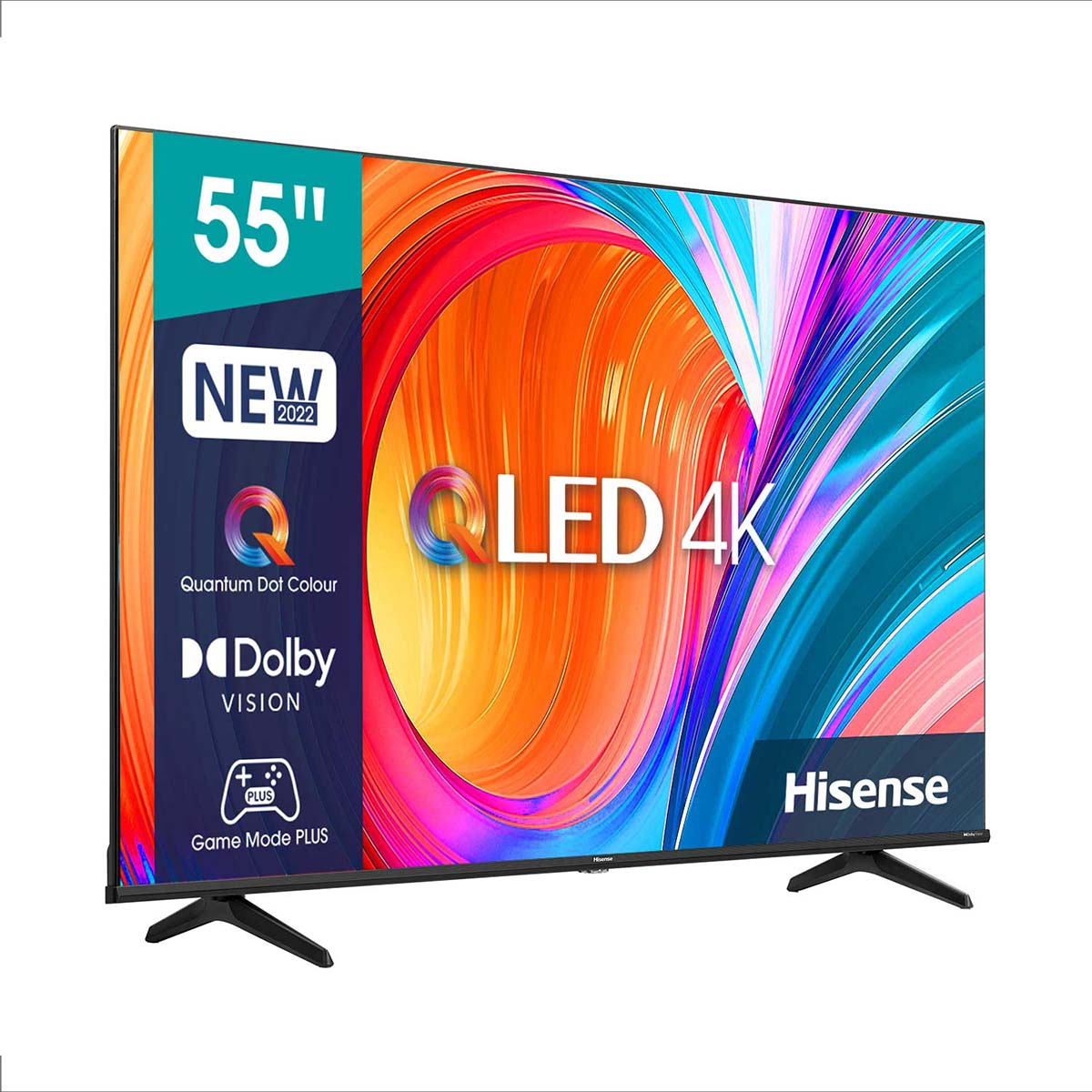 55-calowy telewizor Hisense QLED 4K z kolorowym wyświetlaczem i tekstem o funkcjach.