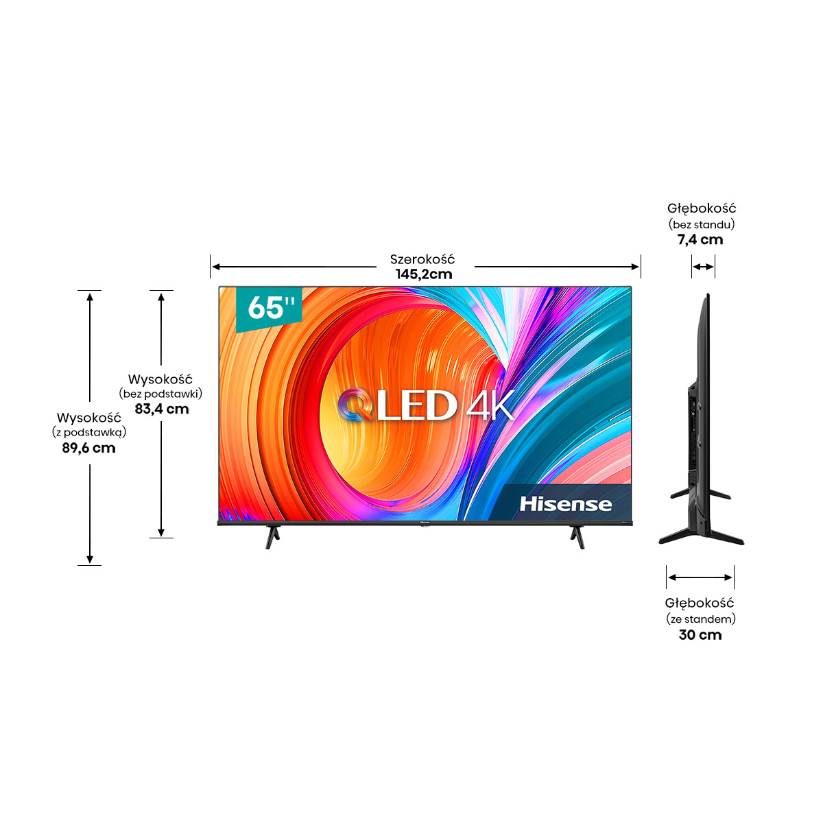 Telewizor Hisense 65 cali, wymiary są pokazane szczegółowo.