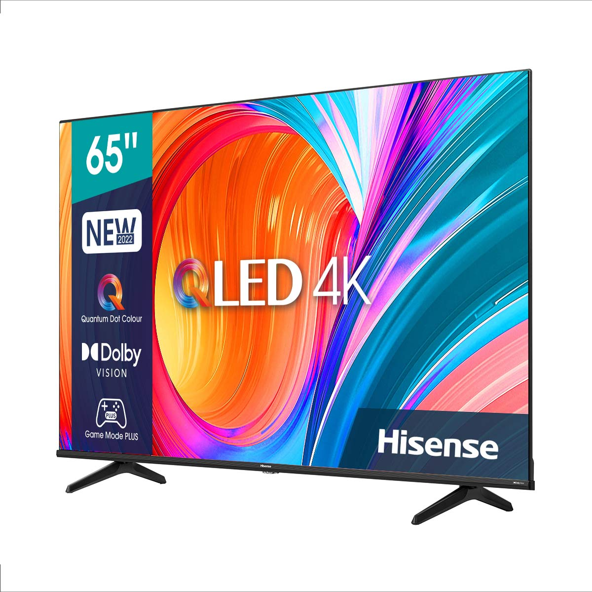 Telewizor Hisense QLED 4K o przekątnej 65 cali z tekstem i logo na ekranie oraz czarną podstawą.