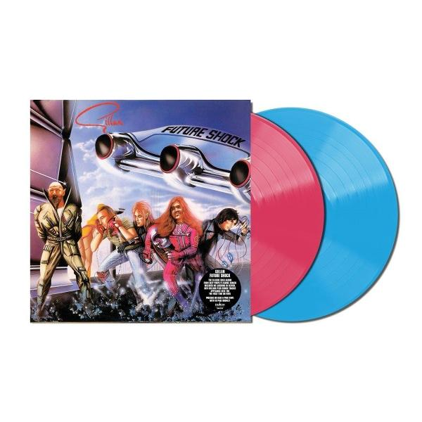 Albumcover mit futuristischer Szene, zwei Vinylplatten, eine rosa und eine blaue.