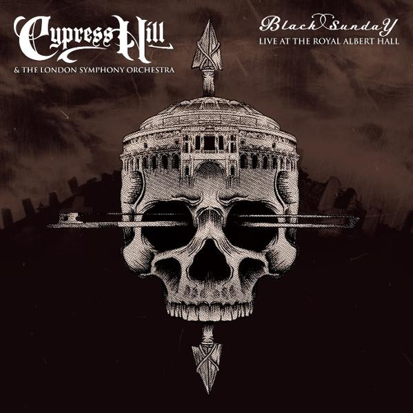 Album cover for Cypress Hill's Black Sunday. It features a skull with arrows and a church-like structure.