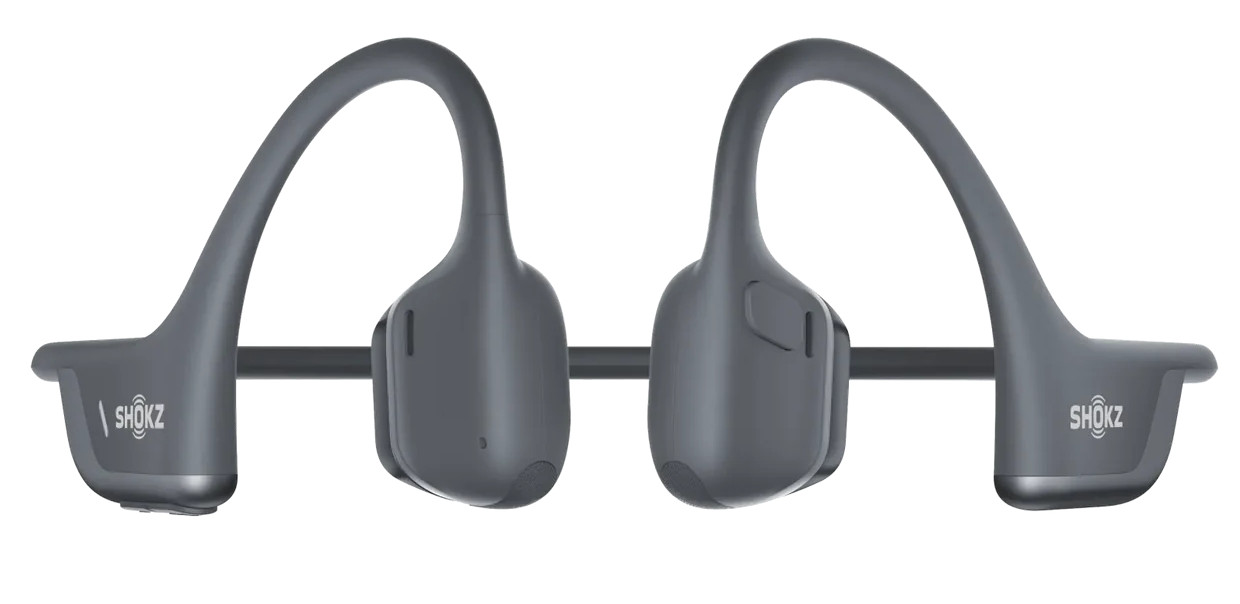 Szare słuchawki przewodnictwa kostnego Shokz, pokazujące obie strony, na białym tle.