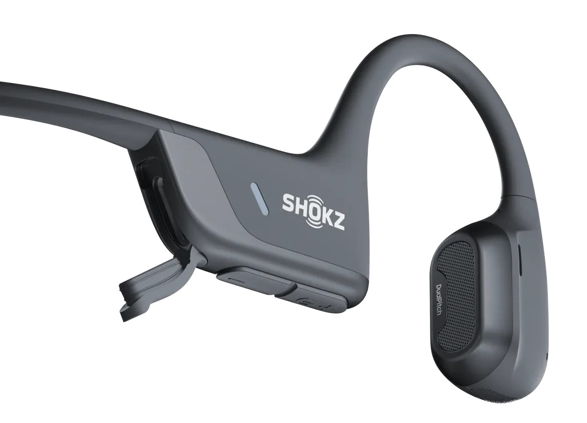 Szare słuchawki kostne z logo Shokz.