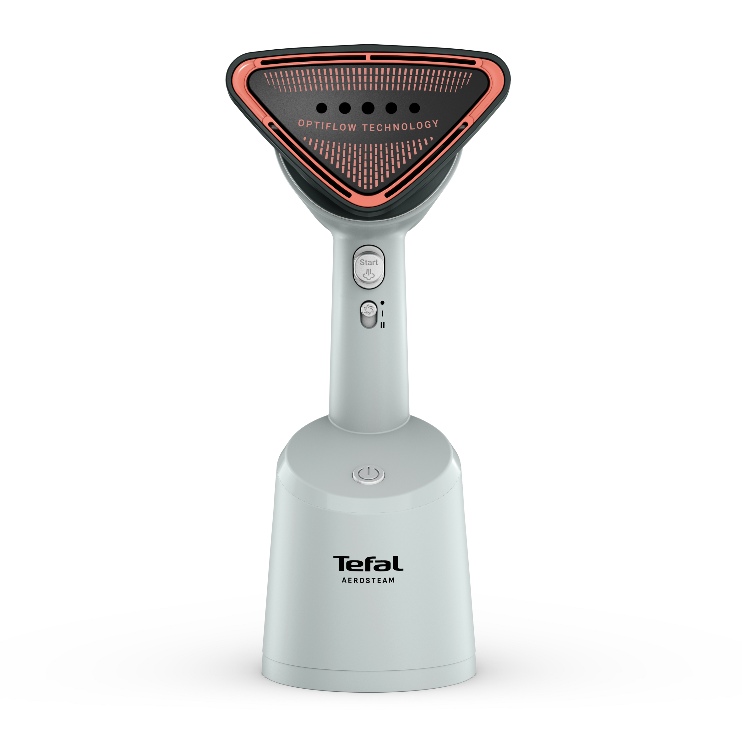 Üçgen başlıklı ve başlatma düğmeli, açık mavi Tefal Aerosteam giysi ütüsü.