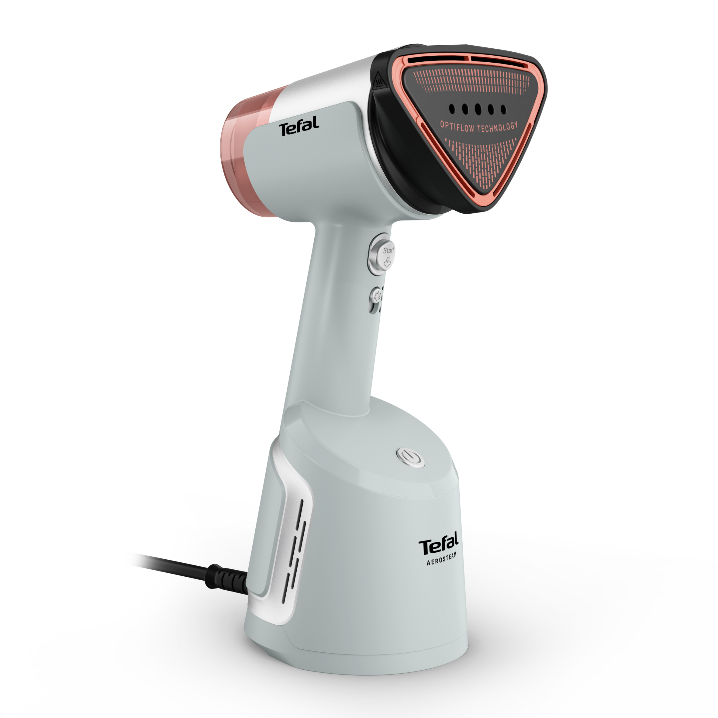 Siyah arka plan üzerinde açık mavi bir Tefal Aerosteam giysi vapuru. Kırmızı ve gümüş vurgulara sahip.