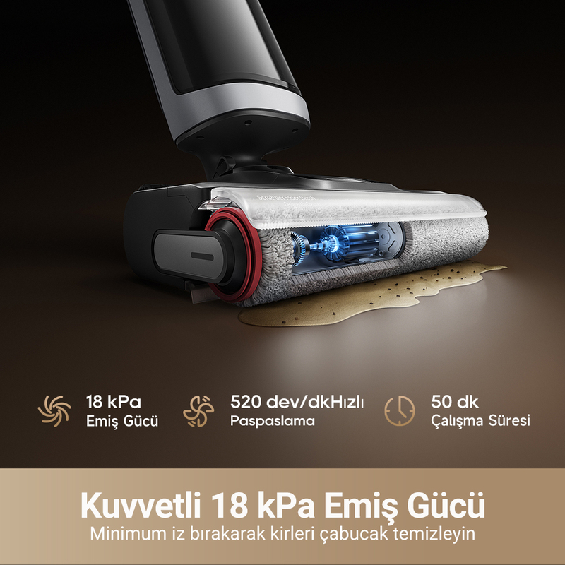 Emiş gücünü ve temizleme süresini detaylandıran metinli elektrikli süpürge.