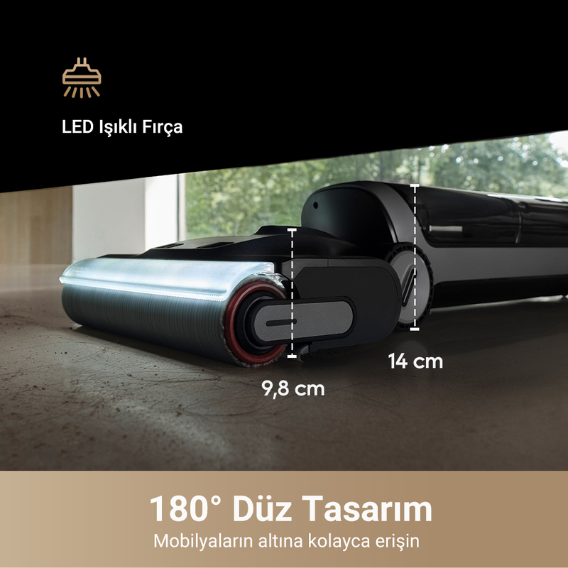 Işıklı fırçalı siyah ve gri bir elektrikli süpürgenin yakın çekimi. 9,8 cm ve 14 cm boyutunda.
