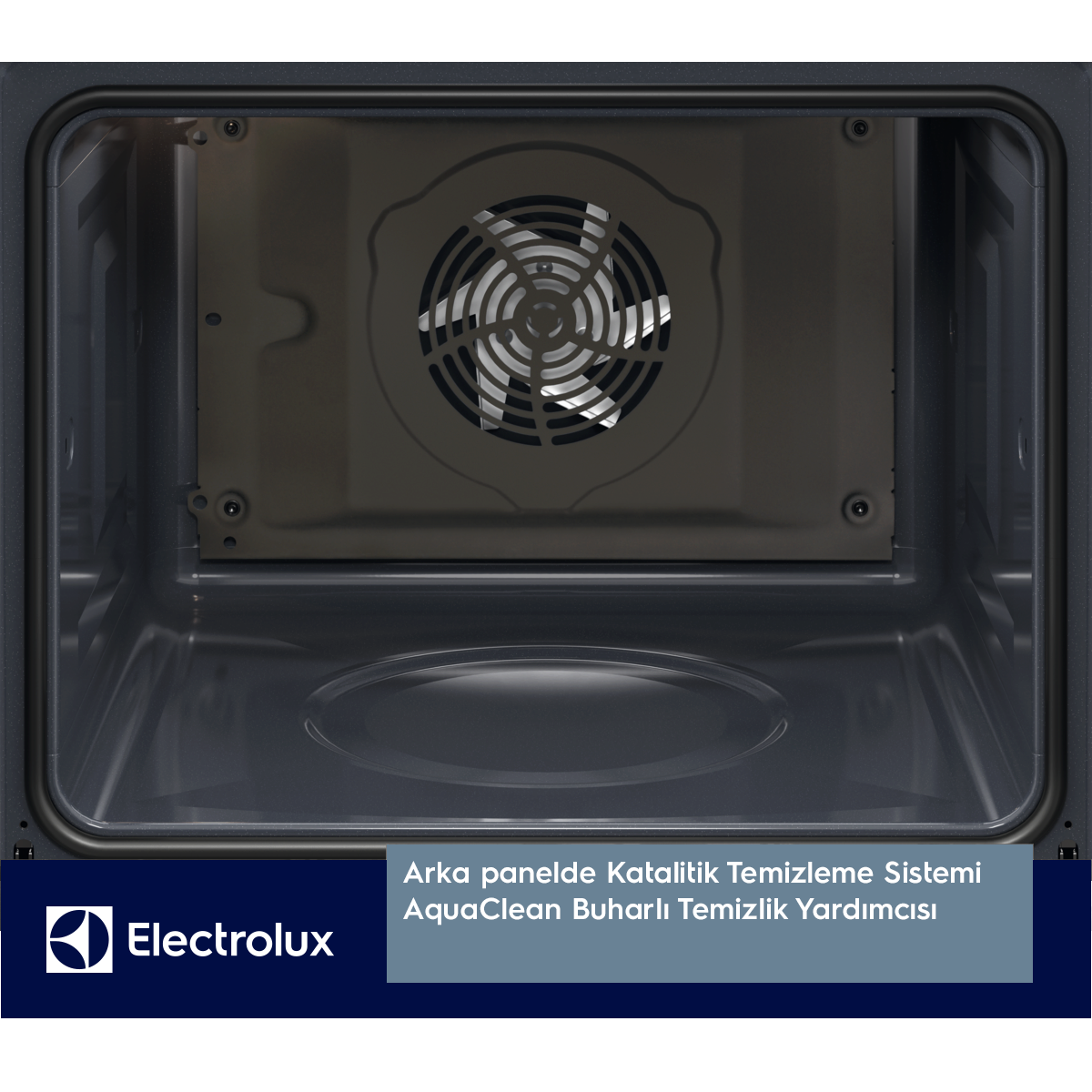 Fırının içi, fan, Electrolux logosu ve temizleme sistemi hakkında metin.