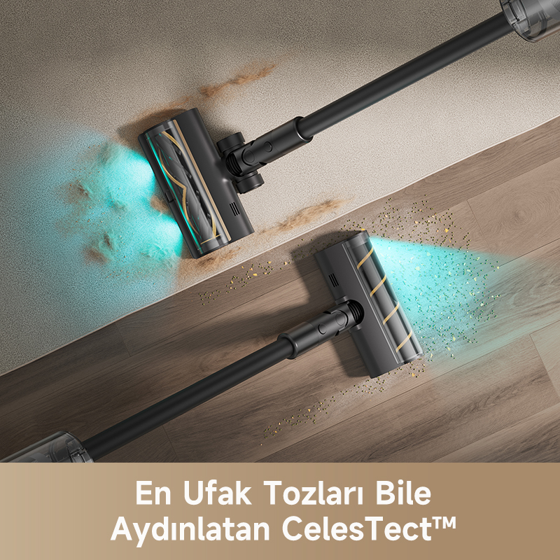 Yerde iki elektrikli süpürge başlığı gösteriliyor. Biri halıyı temizliyor, diğeri ahşap zeminde.