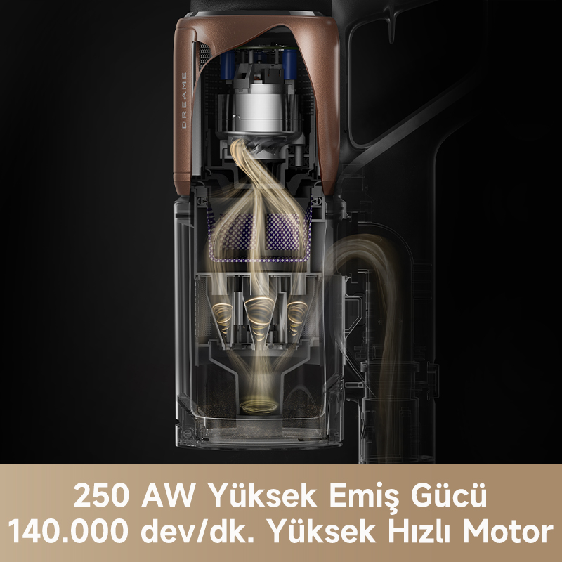 Yüksek güç ve motor hızını gösteren metinle Dreame elektrikli süpürgenin kesit görünümü.