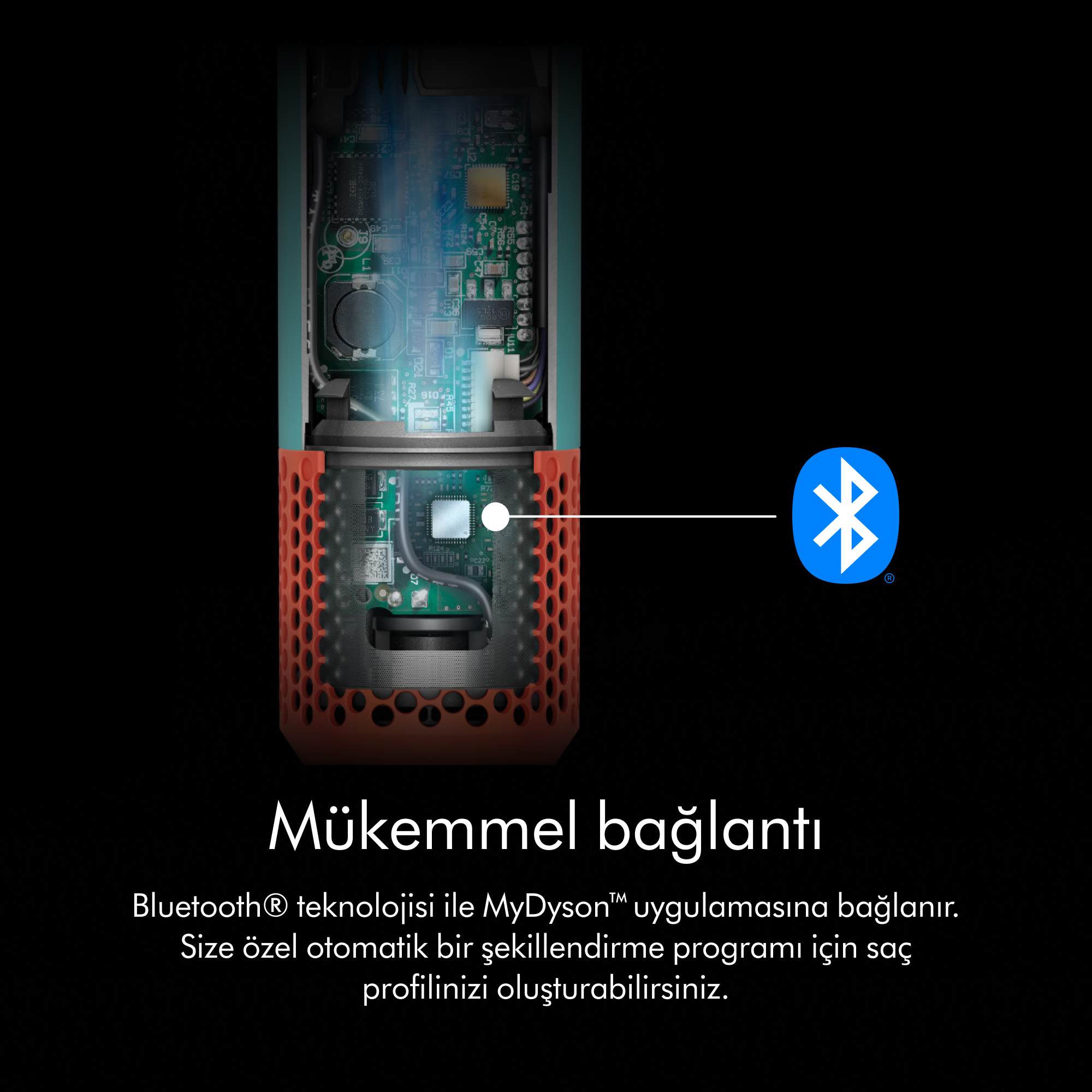 Turkuaz ve turuncu bir saç kurutma makinesinin bileşenleri gösteriliyor. Bluetooth sembolü ve metin gösteriliyor.