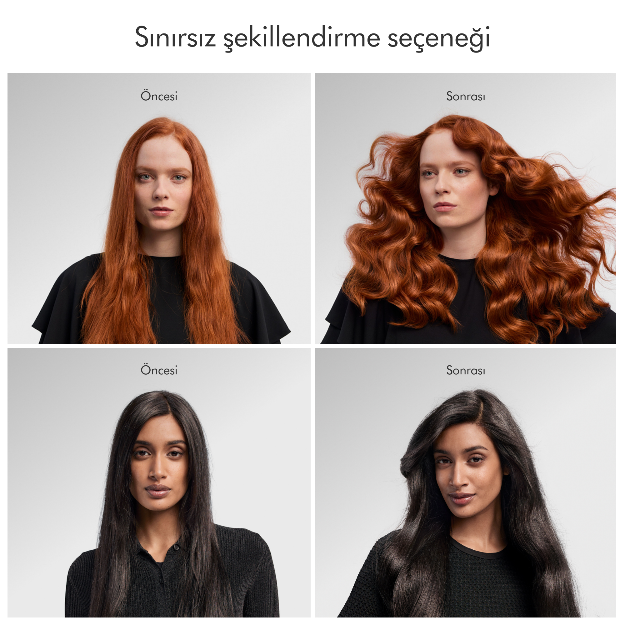 Önce/sonra saç şekillendirme örnekleri. Kırmızı ve siyah saçlı modeller, gri bir arka plan üzerinde düz ve kıvırcık stilleri sergiliyor.