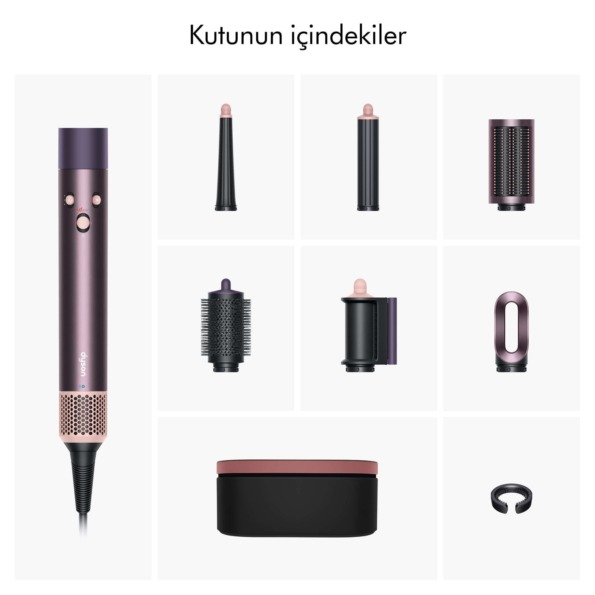 Ek aparatlı bir Dyson saç şekillendirme aracı. Bir ana ünite ve yedi farklı ek var. Beyaz arka plan.