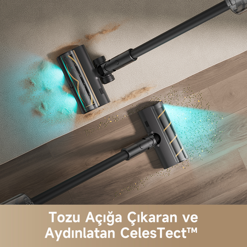Zemini ve halıyı aydınlatan mavi-yeşil ışıklı iki siyah elektrikli süpürge.