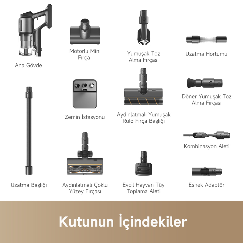 Elektrikli süpürge aksesuarları, ana gövde, mini fırça, uzatma hortumu ve daha fazlası.