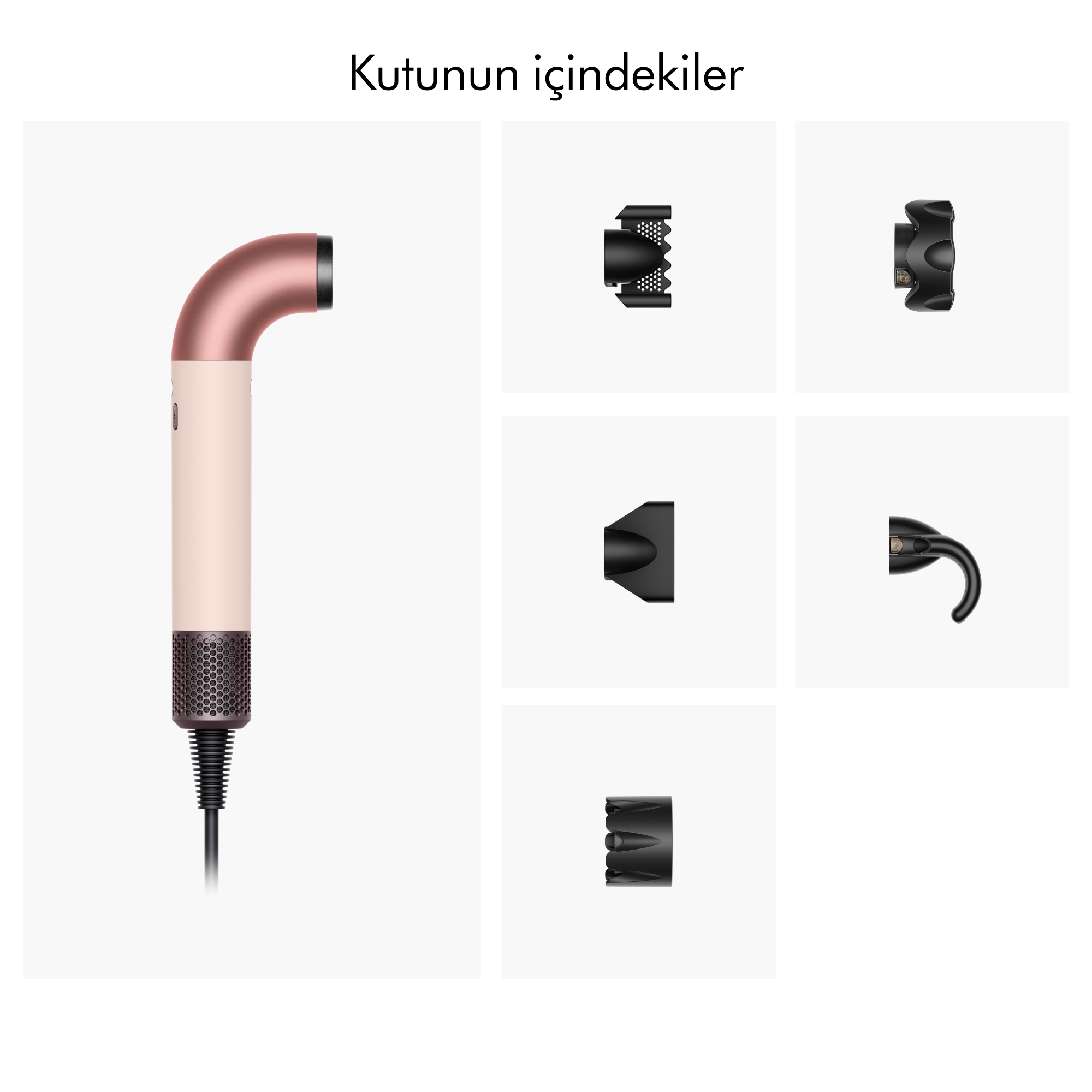 Bir Dyson saç şekillendirme aleti ve ekler. Bir ana ünite ve beş farklı ek var. Beyaz arka plan.