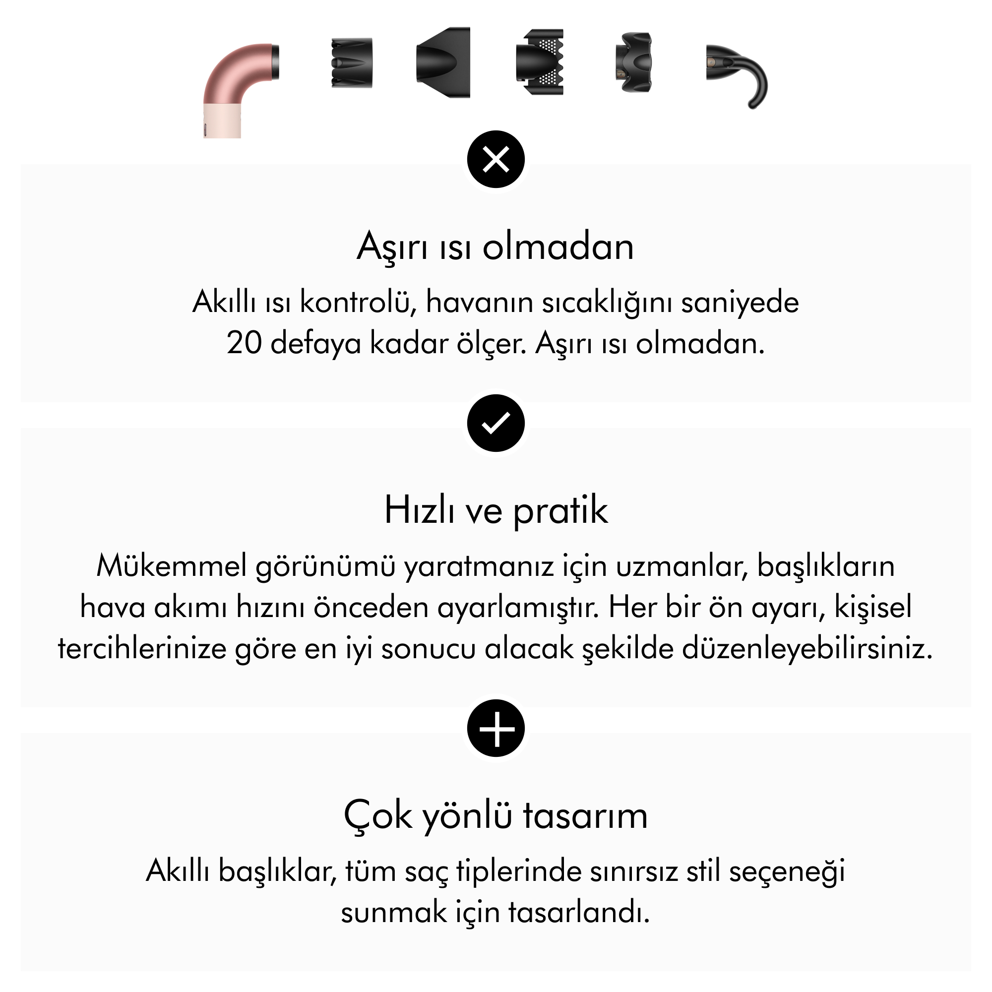 Türkçe metin içeren, saç şekillendirme araçlarını ve özelliklerini sunan bir görüntü.
