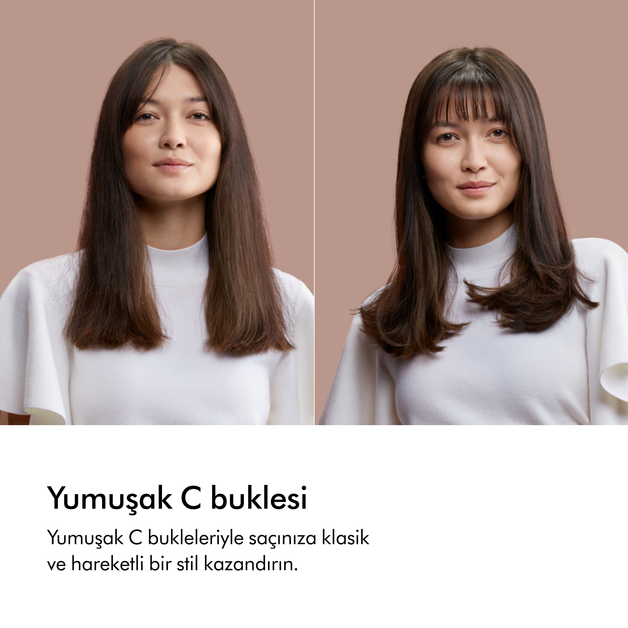 Saç kesiminden önce ve sonra uzun saçlı kadın. Son çekimde yumuşak C şeklinde bukleler var.