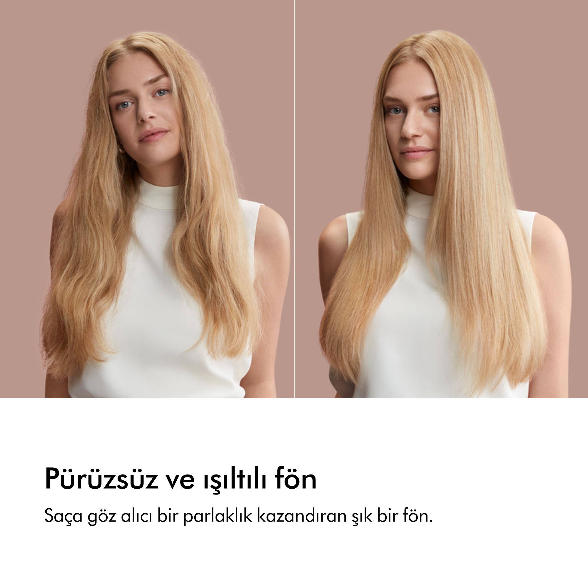 Düz saçlı, sarışın bir kadının iki görüntüsü, önce ve sonra.