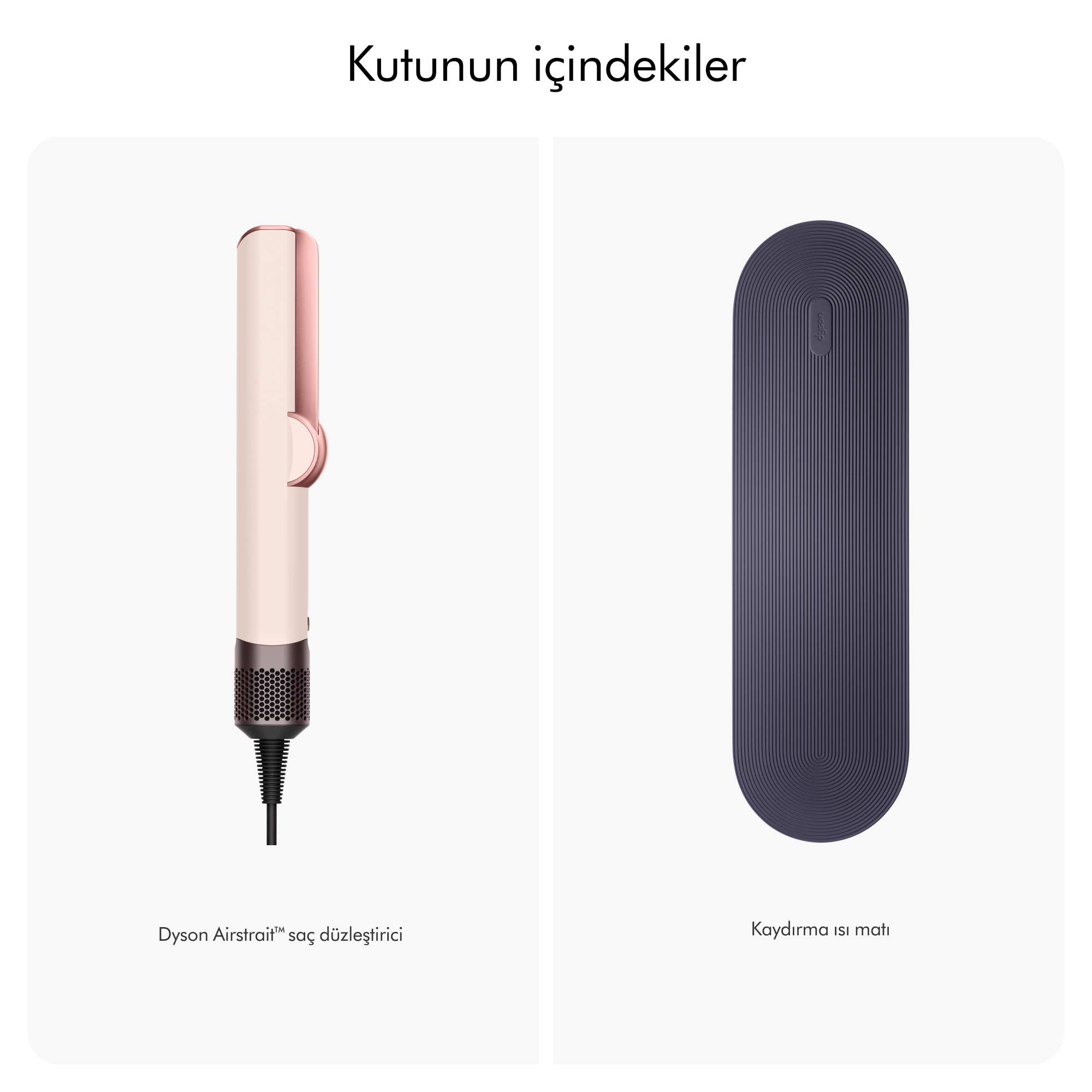 İki ürün: saç düzleştirici ve ısı matı, her ikisi de açık pembe.