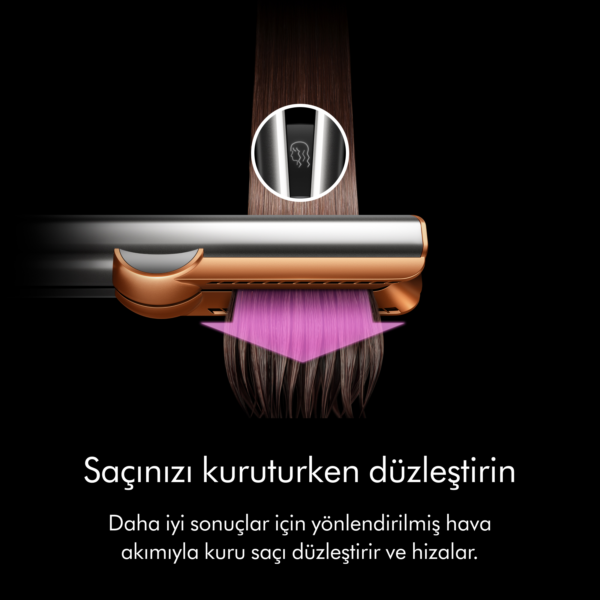 Pembe ok ile saçı düzleştiren ve kurutan saç şekillendirme aracı.