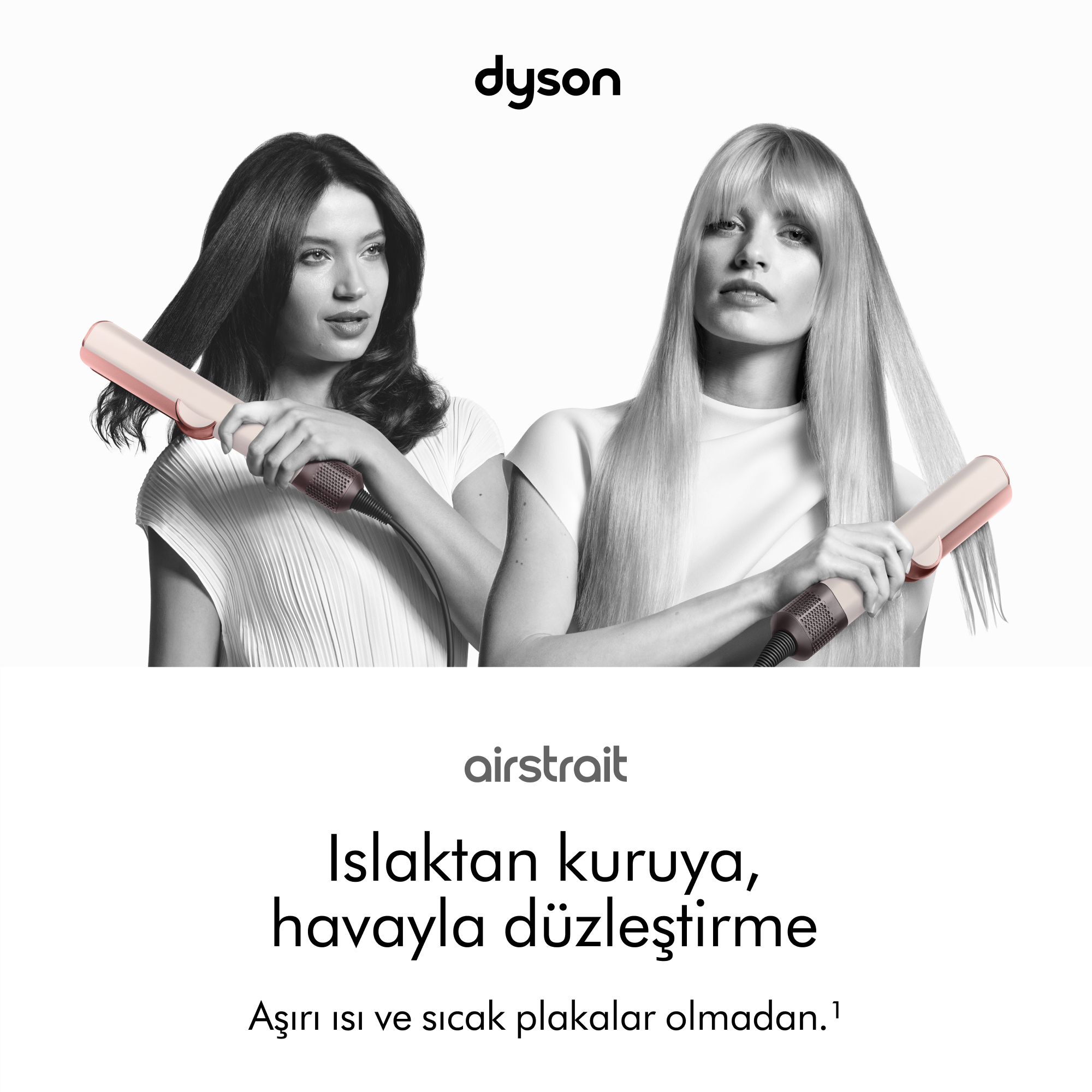 İki kadın Dyson airstrait ile saç şekillendiriyor, beyaz zemin, metin.