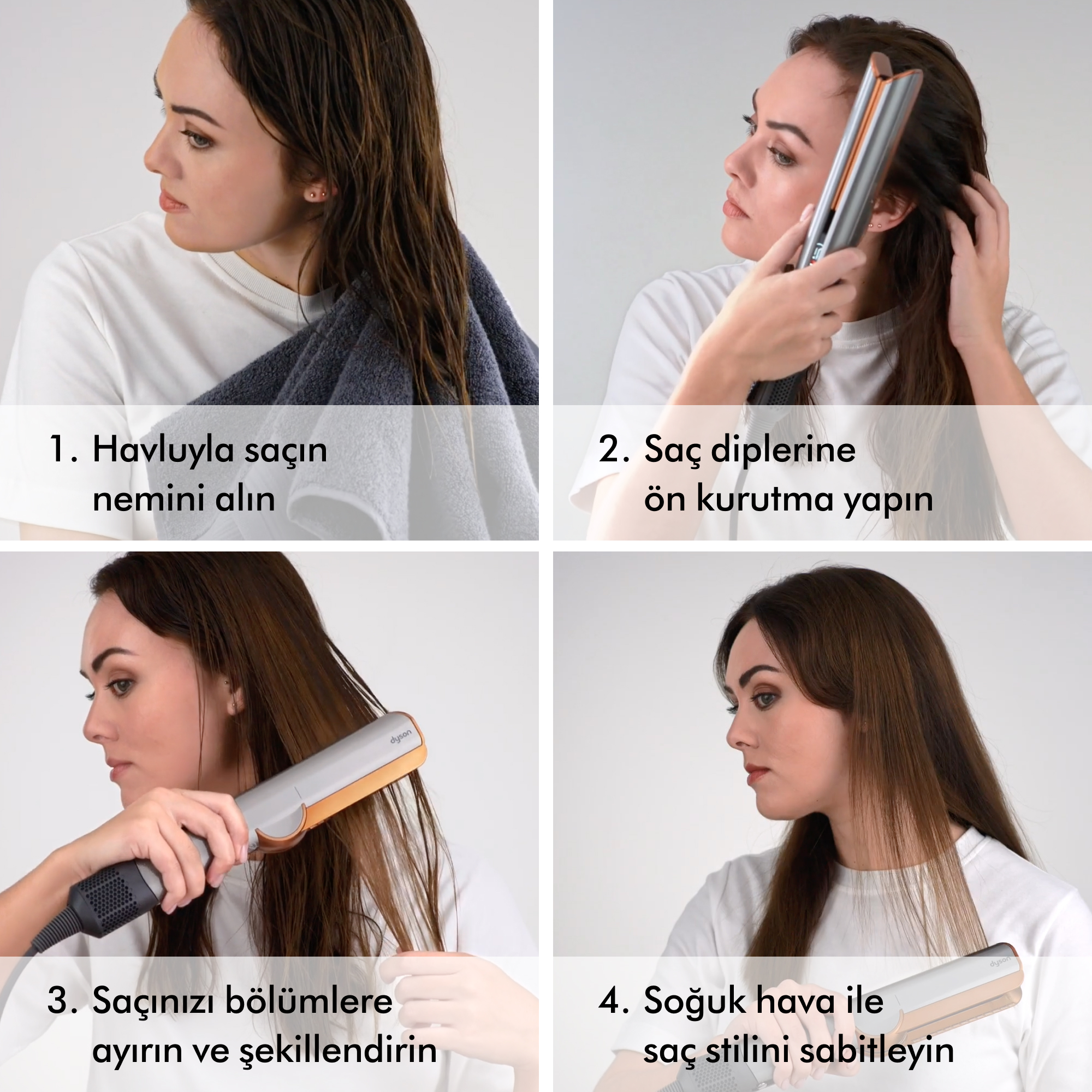 Bir kadının saçlarını düzleştirici ile düzleştirmesini gösteren dört resim.