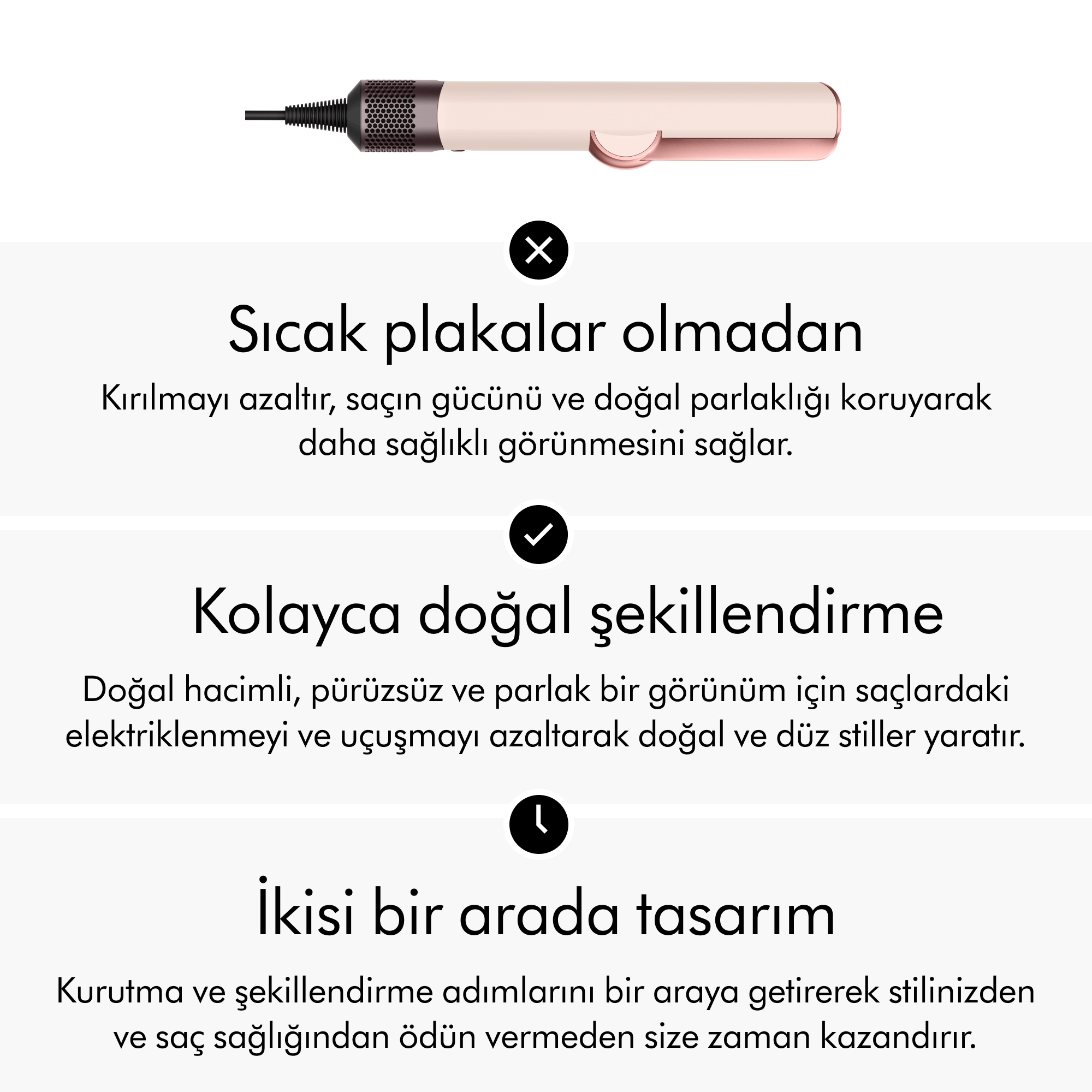 Pembe bir saç şekillendirme aracının yakın çekimi. Metin onu açıklıyor. Arka plan beyaz.