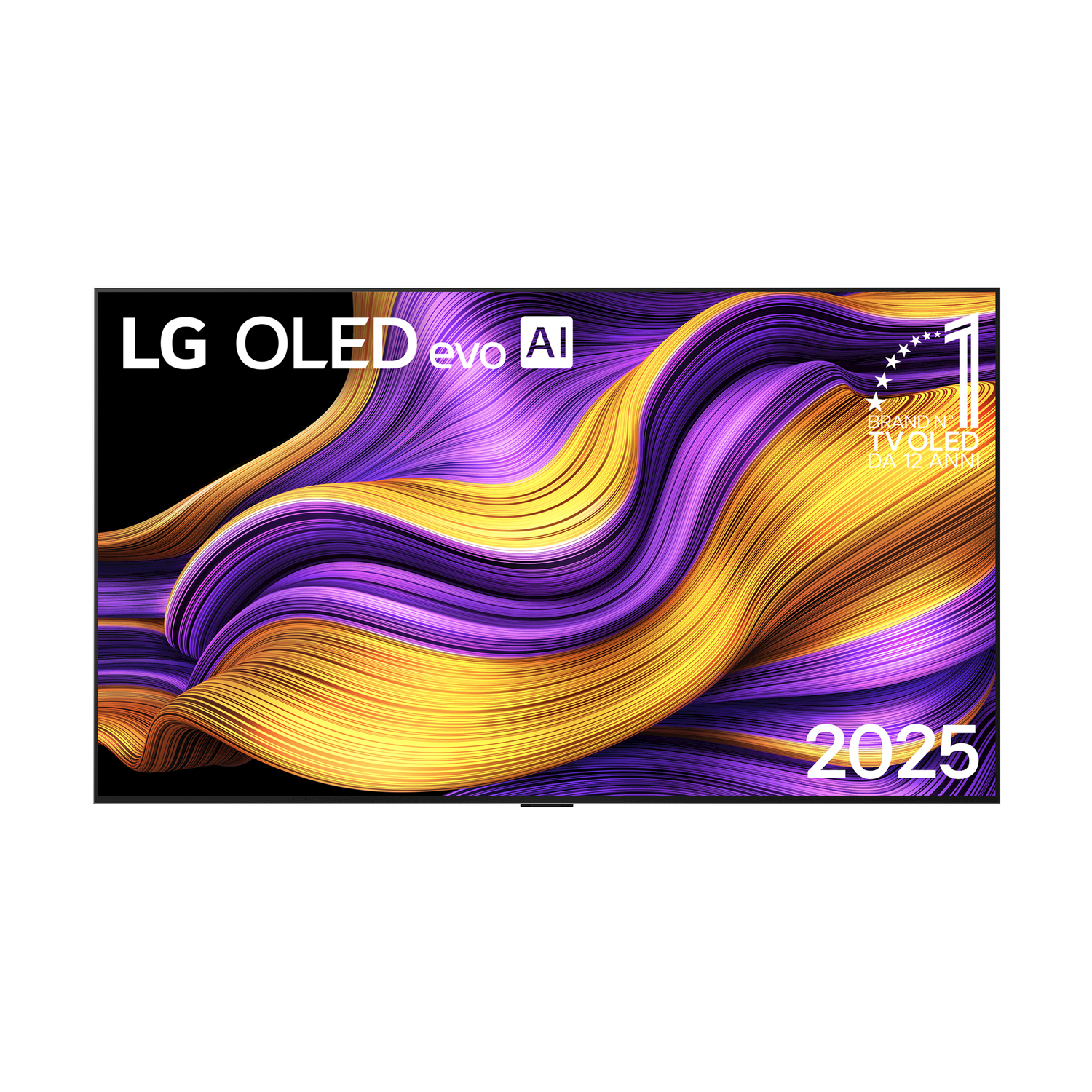 TV LG OLED evo AI. Cornice nera, design astratto giallo e viola sullo schermo. Marchio 2025.