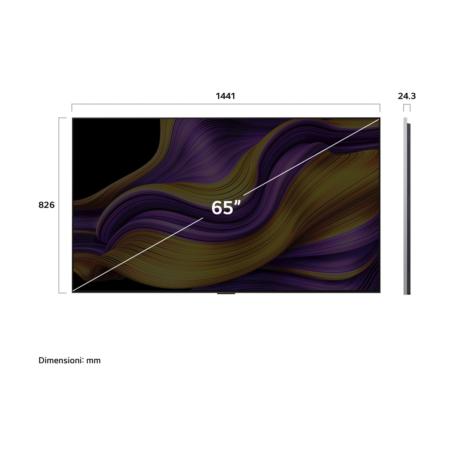 TV da 65 pollici, linee viola-oro ondulate. Dimensioni: 1441x826x24,3 mm. Sfondo bianco.