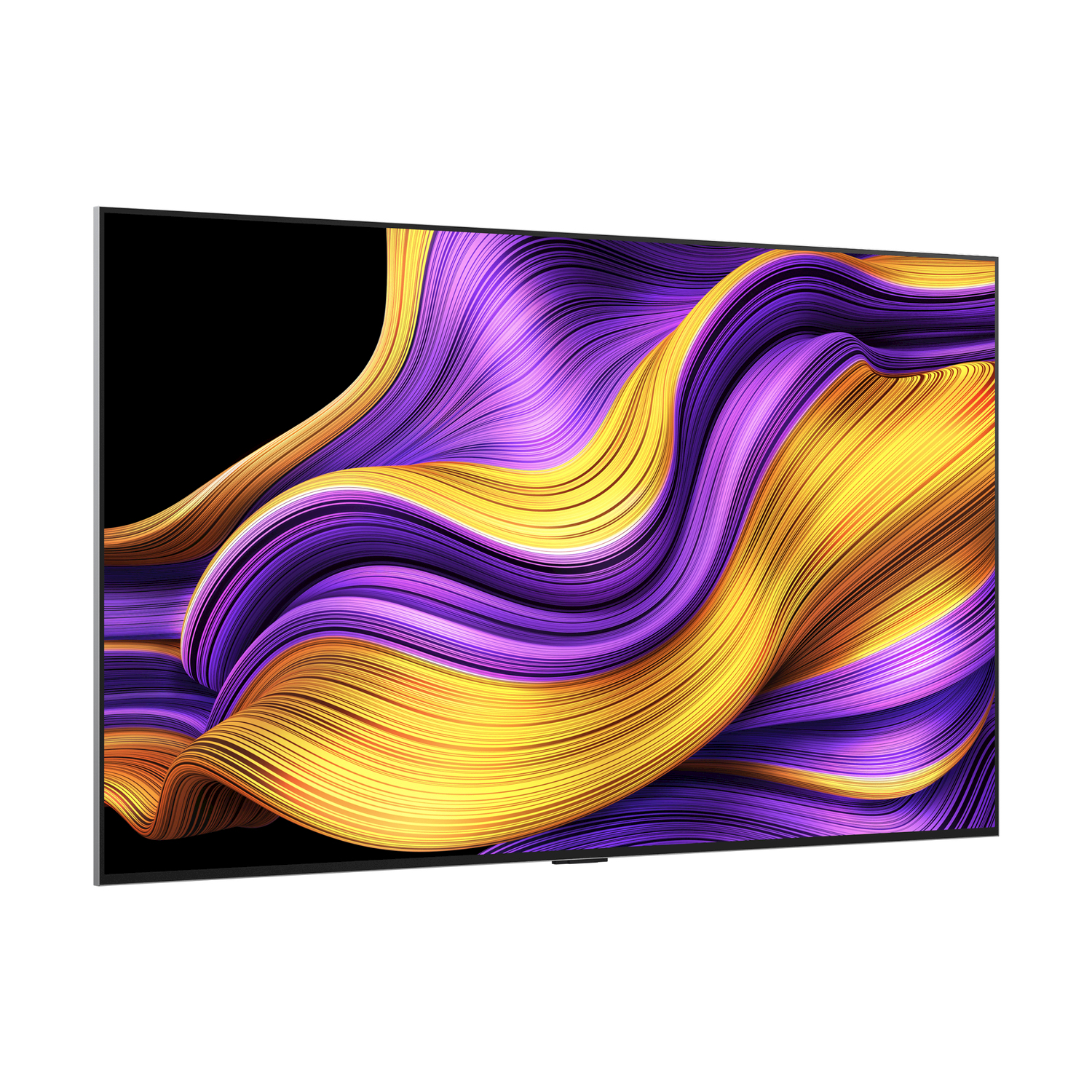 Un grande schermo TV mostra un design artistico astratto con onde viola e gialle.