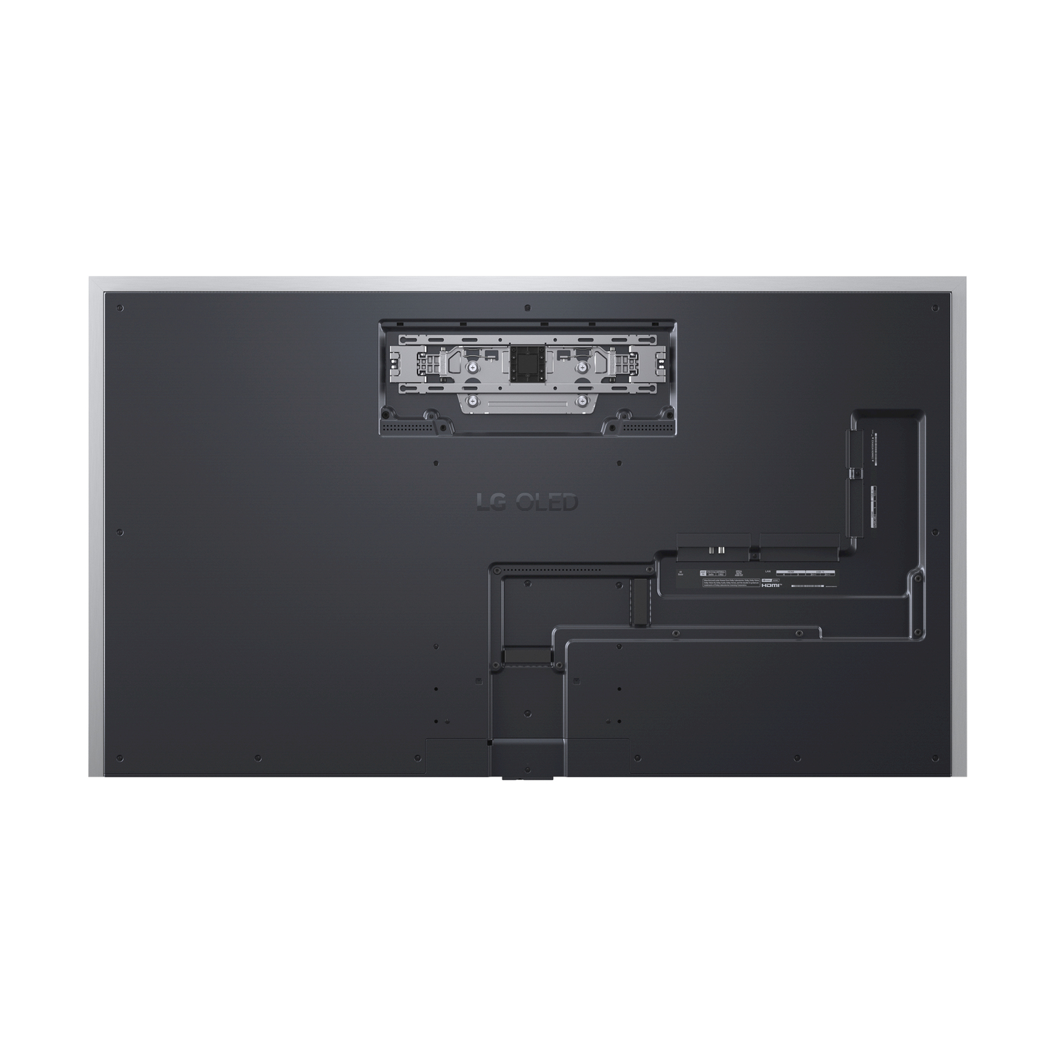 Retro di una grande TV OLED LG, con porte e connessioni. Sfondo bianco.