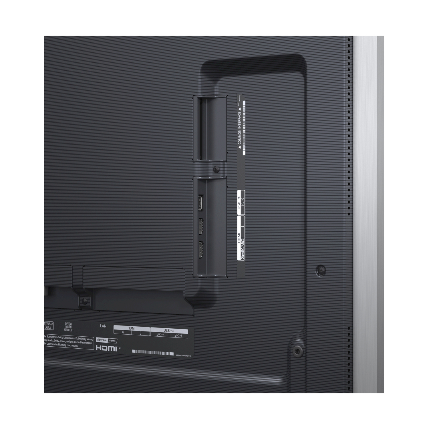 Pannello posteriore di una TV con varie porte: HDMI, LAN, USB e interfaccia comune.