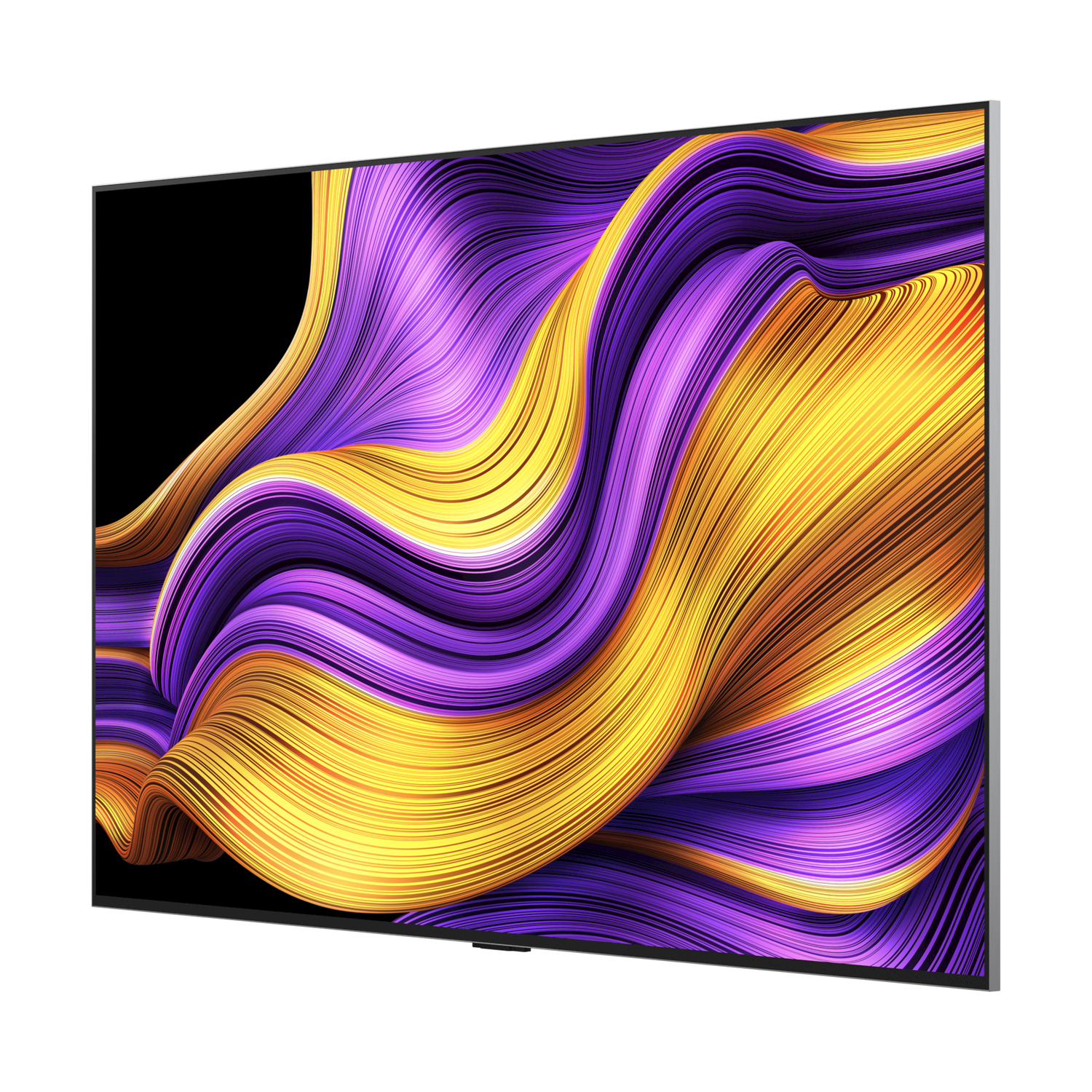 TV con display di arte astratta, colori giallo, viola e nero. Vista angolata.