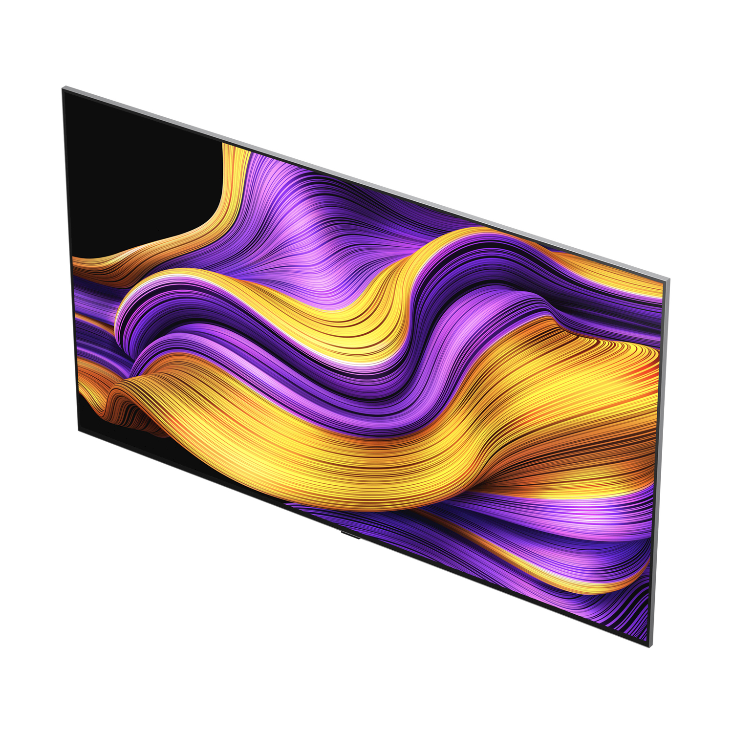 Vista angolata di una TV che mostra un'immagine astratta colorata con motivi ondulati gialli, viola e oro.