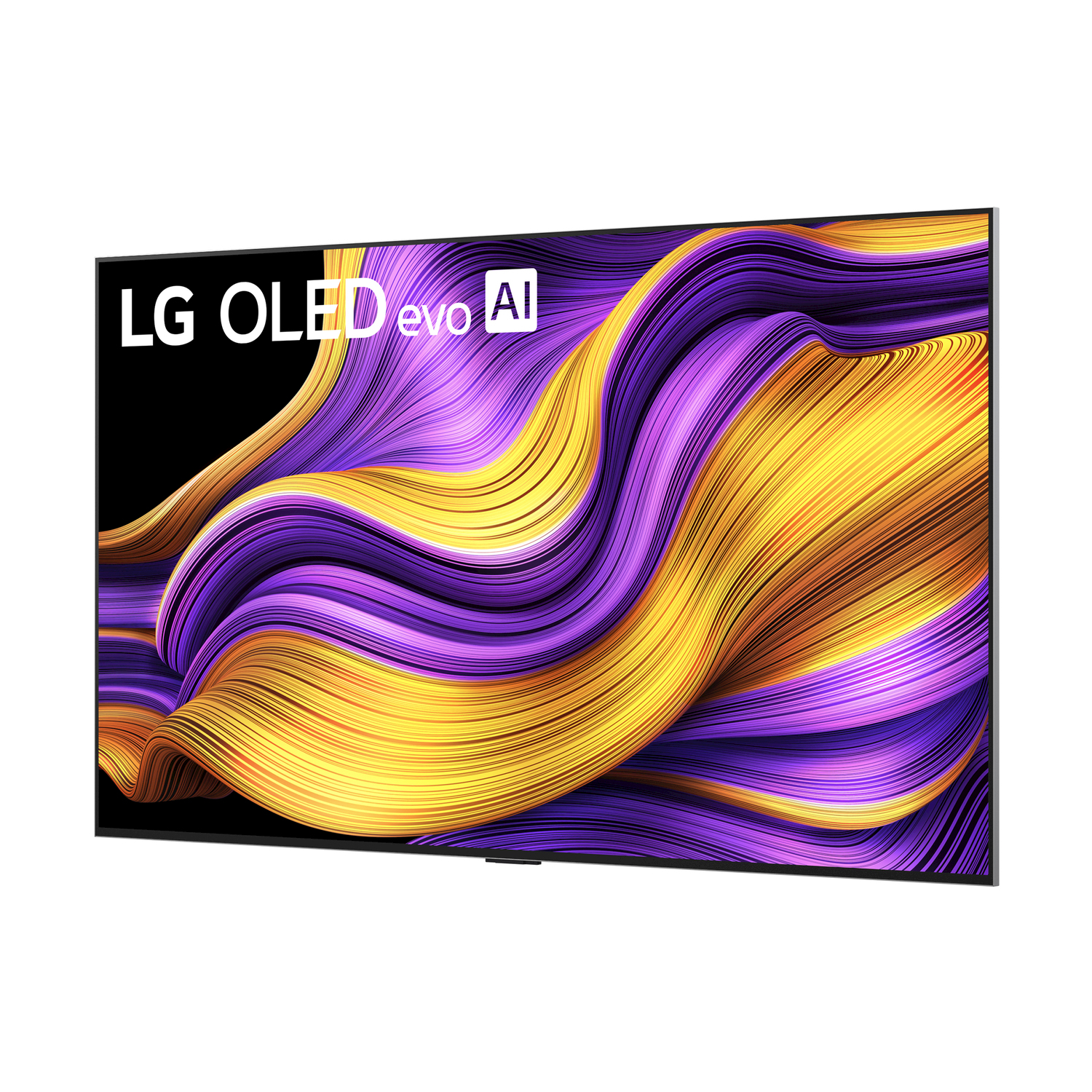 La TV LG con uno schermo colorato. Una TV nera con il testo LG OLED evo AI.