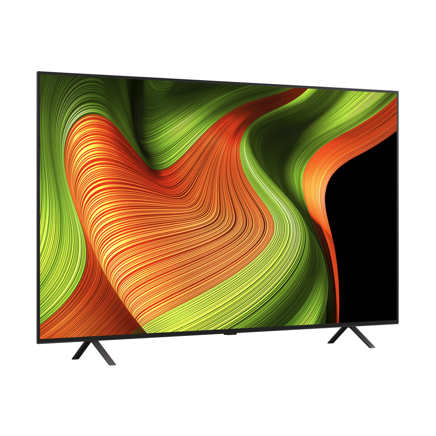 Schermo TV moderno con vortici verdi e arancioni su sfondo nero.