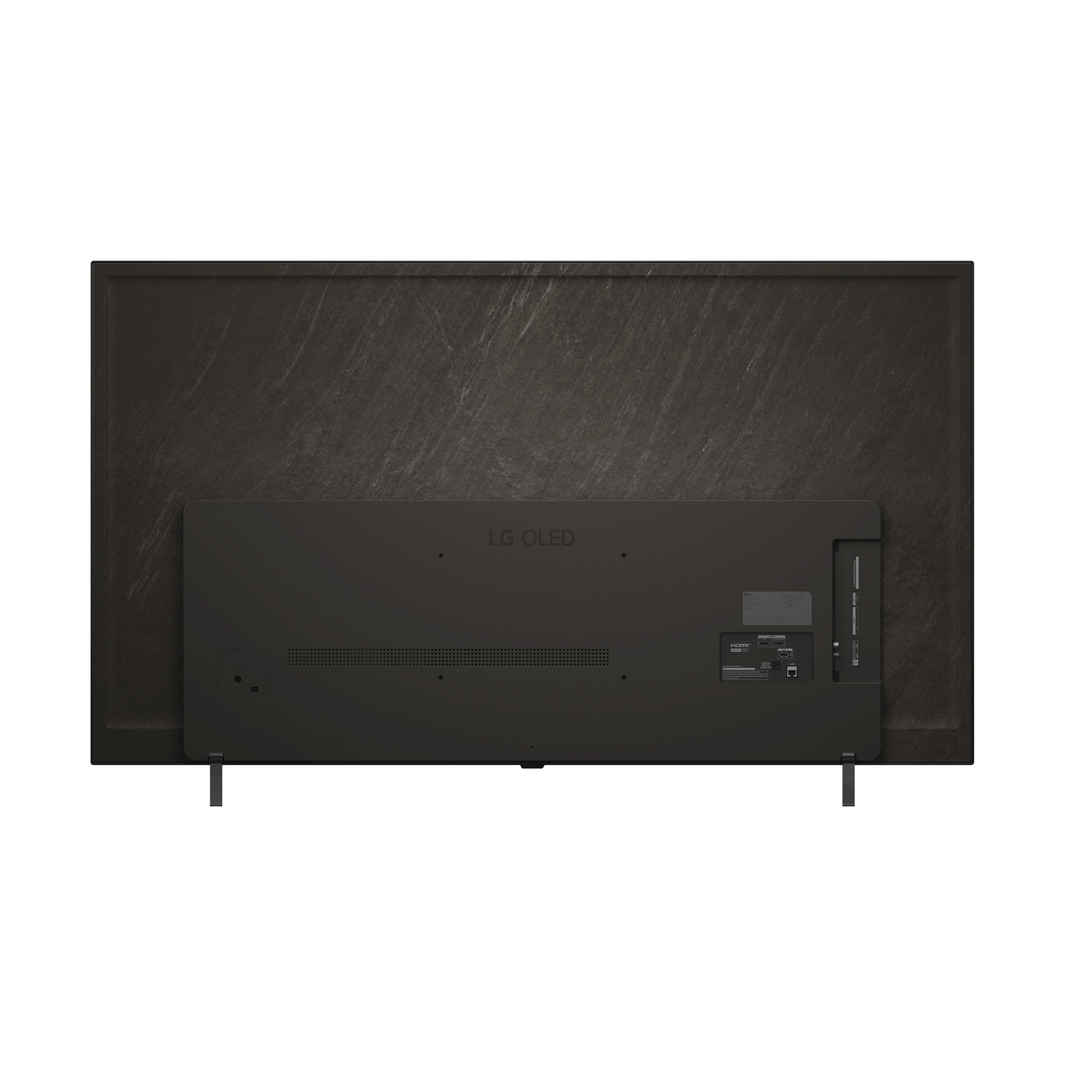 È mostrato il retro di una TV LG OLED nera. Ci sono porte e un supporto. Sfondo scuro strutturato.