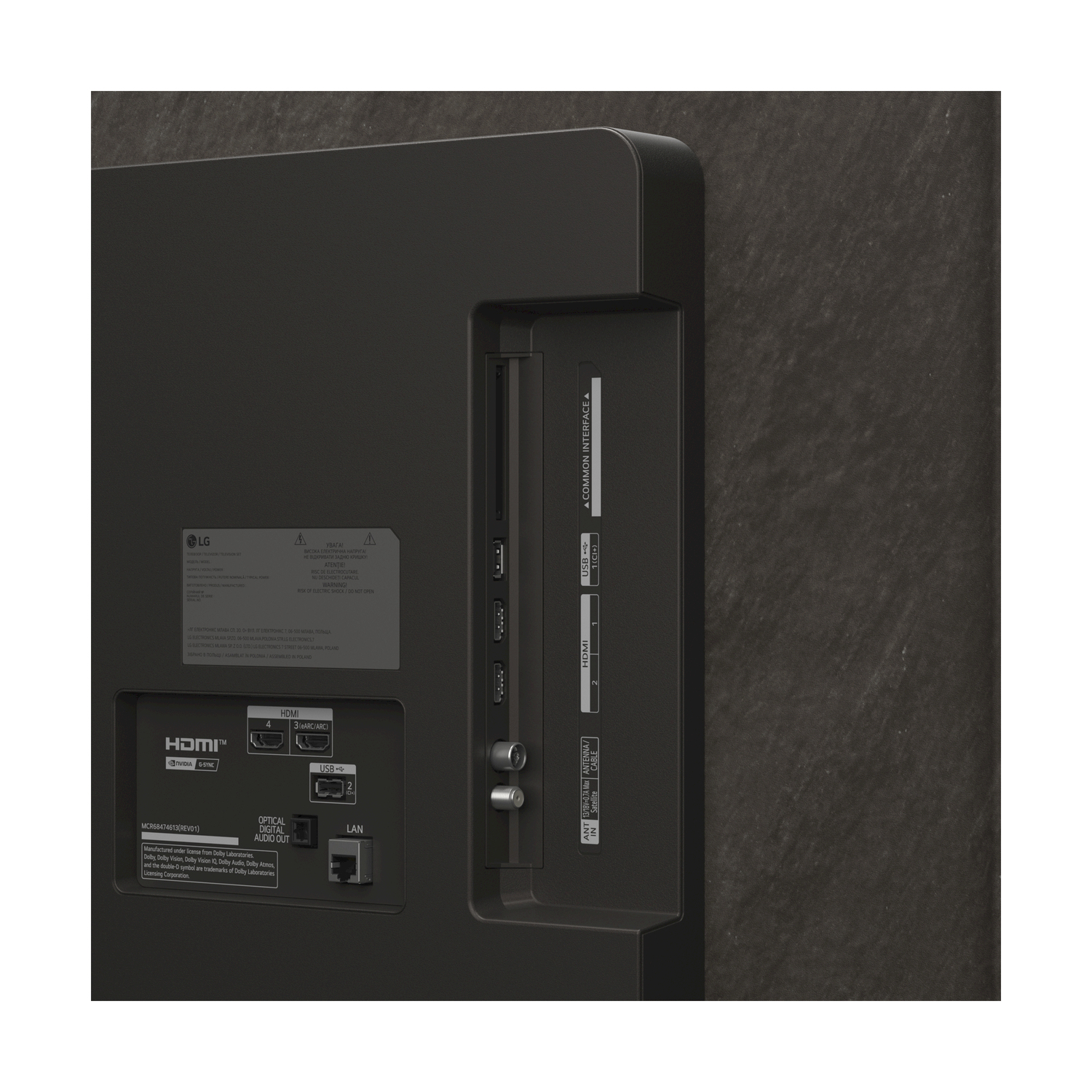 Pannello posteriore TV con porte. HDMI, USB, LAN, antenna e uscita audio ottica. Logo LG ed etichette visibili.