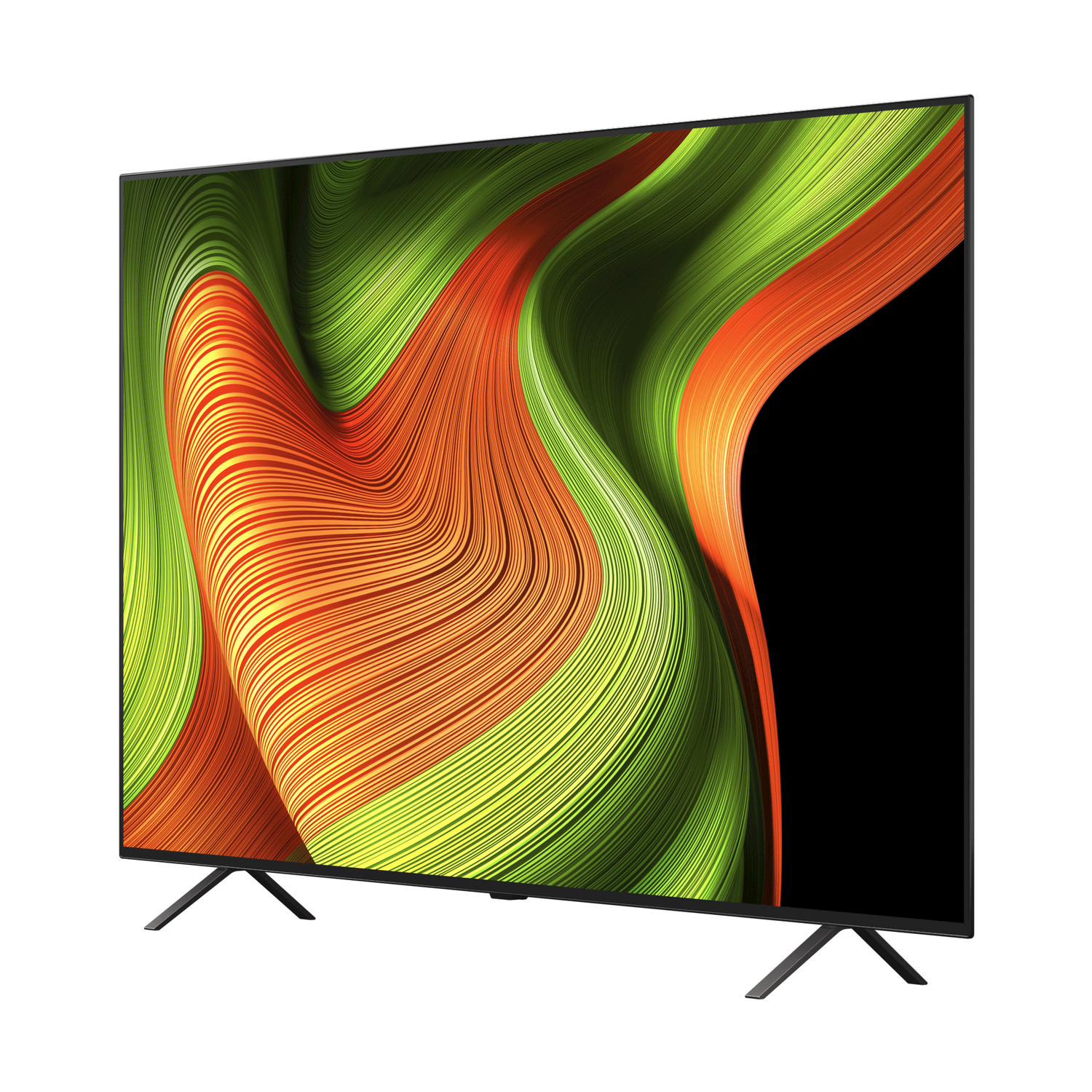 Uno schermo TV mostra un motivo astratto e fluido di linee ondulate verdi e arancioni su sfondo nero.