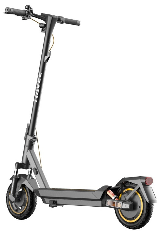 Szary i czarny skuter elektryczny z żółtymi kołami na białym tle.